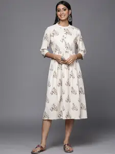 Libas Off White & Brown Cotton Printed Fit & Flare Midi Dress