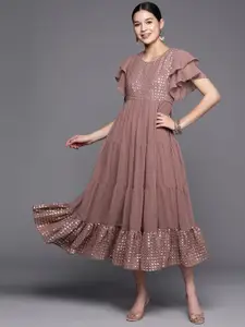 Libas Dusty Pink Solid Yoke Embellished Ethnic Maxi Dress