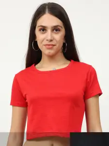 Fleximaa Pack of 2 Red & Black Half Sleeve Pure Cotton Crop Top