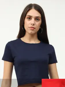 Fleximaa Women Pack of 2 Navy Blue & Red Round Neck Crop Pure Cotton Top