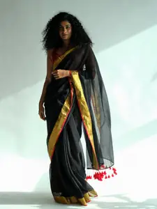 Suta Black & Gold-Toned Solid Zari Saree
