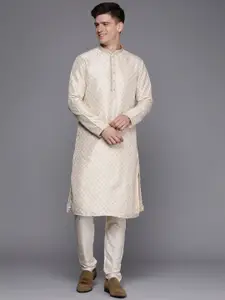 Manyavar Men Beige Art Silk Printed Kurta With Pyjamas