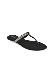 Rocia Women Black Embellished Ethnic T-Strap Flats