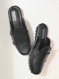 Roadster Men Black Leather Shoe-Style Sandals