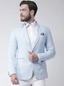 hangup trend Men Blue Solid Single-Breasted Linen Blazers