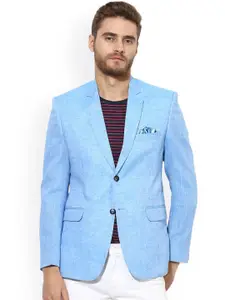 hangup trend Men Blue Solid Linen Single Breasted Linen Blazer