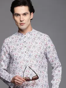 Manyavar Men White & Blue Floral Printed Short Kurta