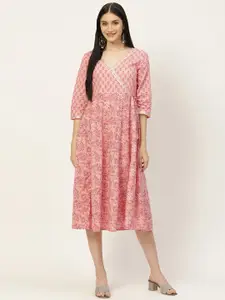 Maaesa Pink Ethnic Motifs Printed Midi Wrap Dress