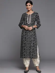 Varanga Black Bandhani Printed Round Neck Gotta Patti Pure Cotton Straight Kurta