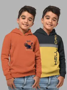 HELLCAT Boys Set Of 2 Orange & Grey Printed Hooded Sweatshirt
