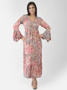 VELDRESS Pink & Blue Floral Maxi Rayon Dress