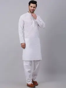 KRAFT INDIA Men White Geometric Chikankari Thread Work Cotton Kurta