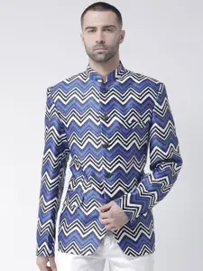 hangup trend Men Blue & White Printed Regular Fit Single Breasted Casual Blazer