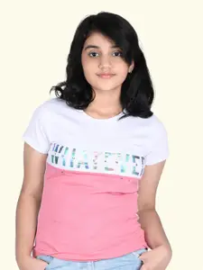 Zalio Girls White & Pink Typography Printed Cotton T-shirt