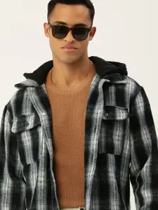 FOREVER 21 Men Black And White Checked Hooded Tailored Jacket