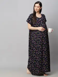 MomToBe Navy Printed Maxi Sustainable Maternity Nightdress