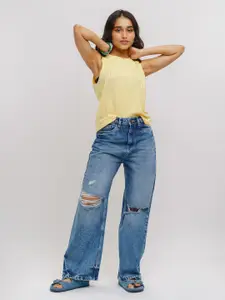 FREAKINS Women Blue Straight Fit High-Rise Mildly Distressed Light Fade Jeans