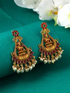 Yellow Chimes Gold Plated Pink Stone Pearl Beads Hanging Temple Ethnic Chandbalis