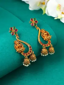 Yellow Chimes Gold-Plated Red Stone Contemporary Traditional Temple Jhumaka Earrings