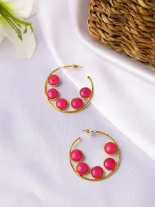 Yellow Chimes Gold Plated Pink stone Studded Hoop Earrings