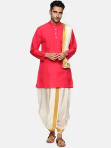 Sethukrishna Men Pink Angrakha Kurta with Dhoti Pants & Angavastram Set