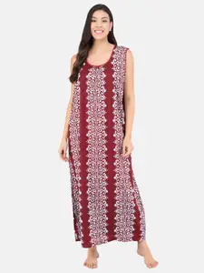 Shararat Women Maroon Printed Cotton Maxi Nightdress