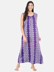 Shararat Women Purple & Off White Printed Cotton Maxi Nightdress