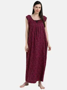 Shararat Women Pink & Black Printed Cotton Maxi Nightdress