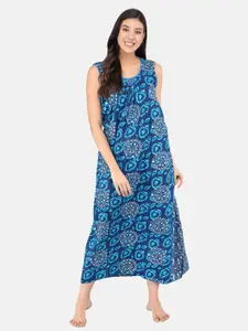 Shararat Women Blue Printed Cotton Maxi Nightdress