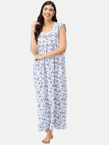 Shararat Women Blue & White Printed Cotton Maxi Nightdress