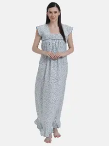 Shararat Women White & Blue Printed Cotton Maxi Nightdress