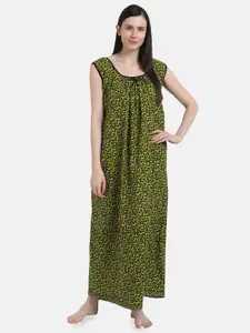 Shararat Women Green & Black Printed Cotton Maxi Nightdress