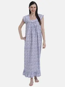Shararat Women Blue Printed Cotton Maxi Nightdress