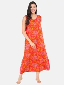 Shararat Women Orange Printed Pure Cotton Maxi Nightdress