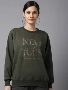 VIMAL JONNEY Women Olive Green Embroidered Cotton Sweatshirt