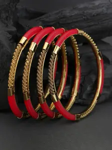 Adwitiya Set Of 4 Gold-Plated Red Stone-Studded & Beaded Bangles