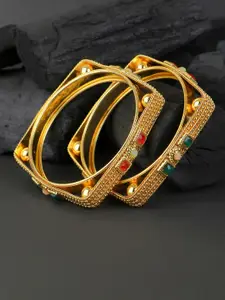 Adwitiya Set of 2 Gold-Plated Red & Green Stone-Studded Bangle