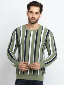 Status Quo Men Green & White Striped Cotton Pullover Sweater