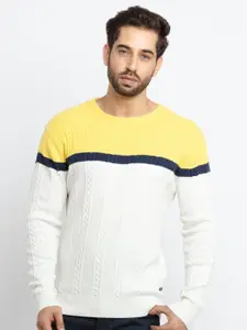 Status Quo Men Yellow & White Cable Knit Colourblocked Cotton Pullover Sweater