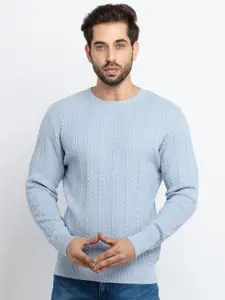 Status Quo Men Blue Cable Knit Cotton Pullover Sweater