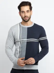 Status Quo Plus Size Men Grey & Blue Colourblocked Acrylic Pullover Sweater