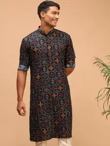 VASTRAMAY Men Navy Blue & Yellow Ethnic Motifs Cotton Printed Kurta