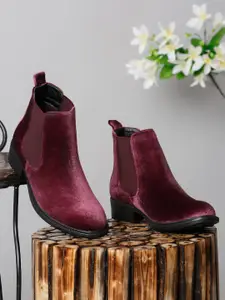 Bruno Manetti Women Maroon Solid Comfort Heeled Cheslsea Boots