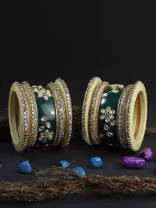 Adwitiya Collection Set Of 18 Gold-Plated Green Kundan Studded Bangles