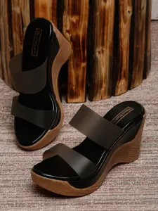 Bruno Manetti Black Solid PU Wedge Sandals