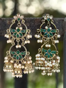 Adwitiya Collection Gold-Plated Green & White Stone-Studded Jhumkas Earrings