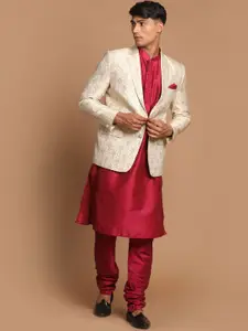 VASTRAMAY Men Fuchsia Red Kurta With Pyjamas & With Woven Design Blazer
