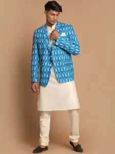VASTRAMAY Men Cream-Coloured Kurta With Pyjamas & With Ikat Printed Blazer