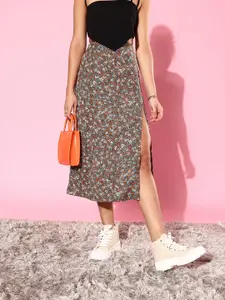 StyleStone Grey Floral Peekaboo Slit Skirt