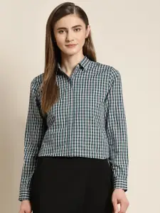 Hancock Women Navy Blue Standard Slim Fit Windowpane Checked Formal Shirt